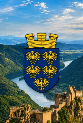 Wappen von Niederösterreich vor Landschaft mit Burg